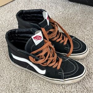 Vans Black and White High-Tops with Brown Custom Laces 8.5